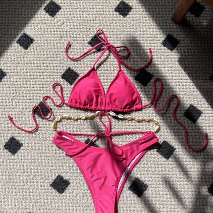 2025 European and American Plain New Sexy Shell Chain Swimsuit Swimsuit Bikini Bikini Cross-Border Export