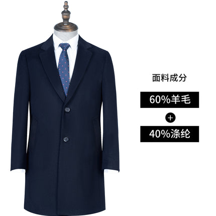 Woolen Outwear Men's Autumn and Winter Mid-Length Navy Blue Professional Formal Single-Breasted Wool Outwear Woolen Outwear