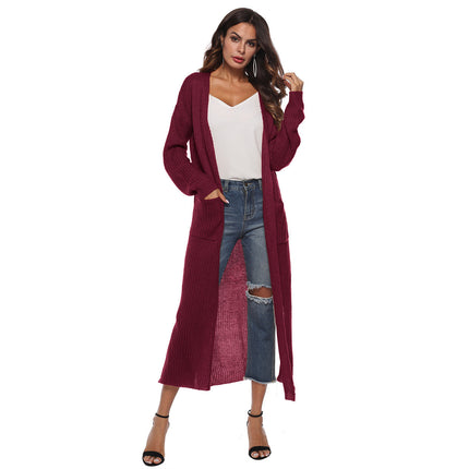 Mohair cardigan cross-border European and American wool cardigan autumn women's coat split large pocket thin coat long multicolor
