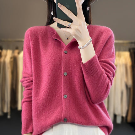 Round neck first-line clothing pure wool sweater cardigan coat women's osmanthus needle knitted bottoming shirt long sleeve solid color top