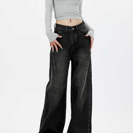 Vintage Washed Black Wide-Leg Jeans for Women 2025 Autumn Loose Design Slimming Straight Floor-Length Pants