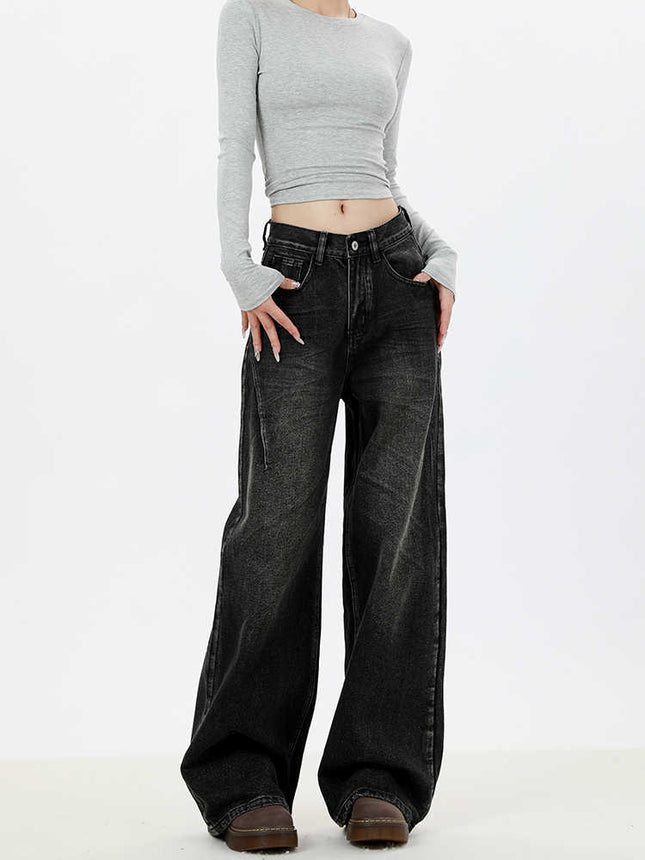 Vintage Washed Black Wide-Leg Jeans for Women 2025 Autumn Loose Design Slimming Straight Floor-Length Pants