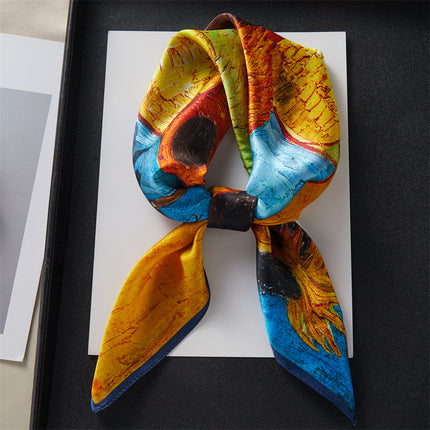 70 Square Silk Scarf for Women, Versatile for Spring and Autumn, with Oil Painting Sunflower Potted Plant Design, Paired with a Shirt, Neck Protection, Mulberry Silk Scarf