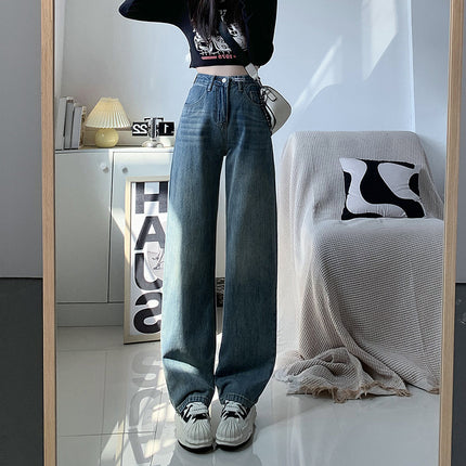 3301# High waist retro blue straight jeans women's design loose slimming draping mop long pants 1