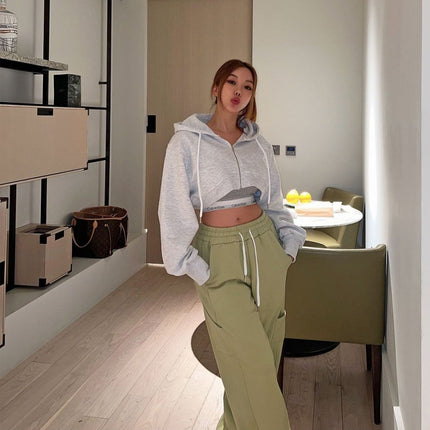 New 2026 Spring and Autumn Korean Style Hooded Solid Color Simple American-Style Zip-Up Cardigan Jacket, Trendy Crop Top Sweatshirt for Women