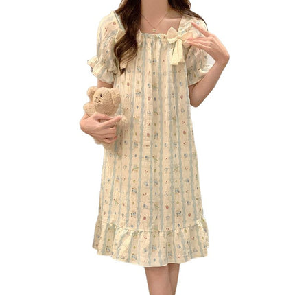 Sweet Bow Square Neck Nightgown with Breast Pad Summer New Cloud Cotton Cartoon Short-Sleeved Princess Style Women's Nightgown