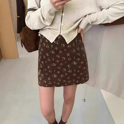 Corduroy Skirt for Women Spring & Fall New Style Invisible Zipper Floral Design A-Line Skirt Petite m Hip-Hugging Short Skirt