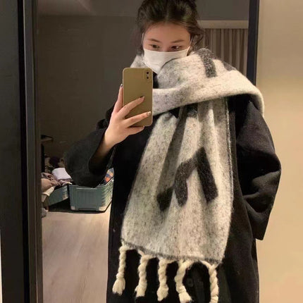 Mohair Thickened Warm Scarf Women's Winter Grey High-end Cold-proof Couple's Shawl Scarf Atmosphere