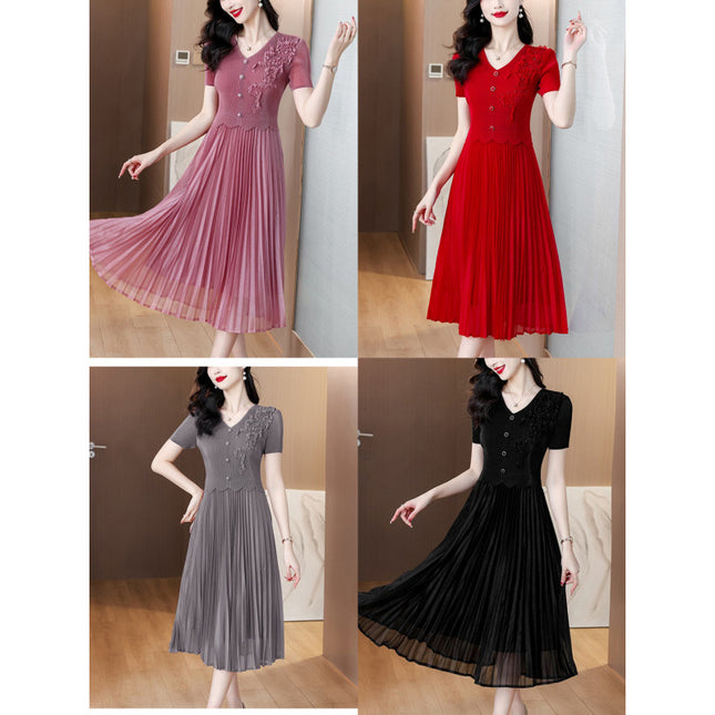 Miyake Pleated 2026 Spring New Fashion Versatile Three-Dimensional Floral Pleated Dress Plus Size Slimming V-Neck Magic Dress
