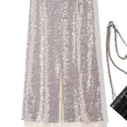 B1943 2025 Spring/Summer New Fashion Sequin Patchwork Mesh Back Slit Midi Skirt