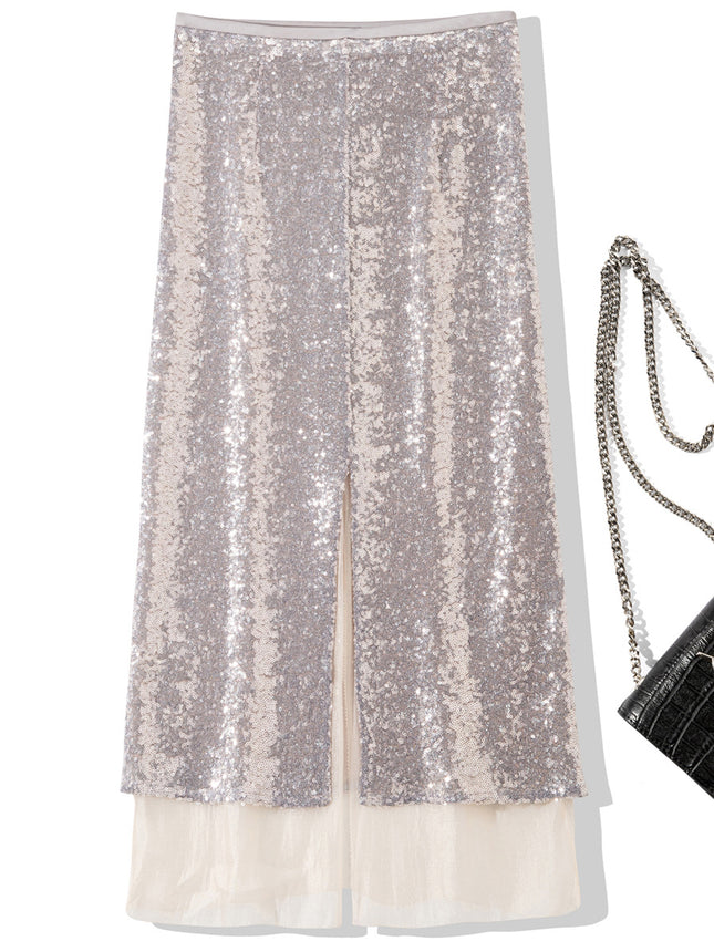 B1943 2025 Spring/Summer New Fashion Sequin Patchwork Mesh Back Slit Midi Skirt