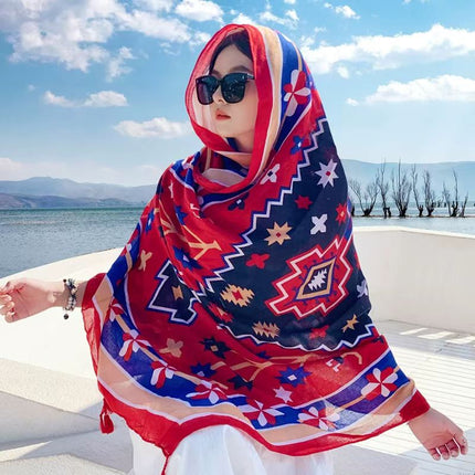 Ethnic Style Printed Silk Scarf Women's Seaside Travel Sun Protection Gauze Air Conditioning Warm Scarf Versatile Long Shawl