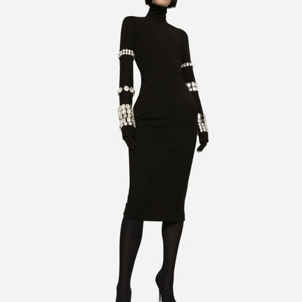 European and American Black Heavy Industry Nail Drill Long Sleeve High Neck Bandage dress Slim-Fit Slimming Knitted Round Neck Women's Autumn and Winter