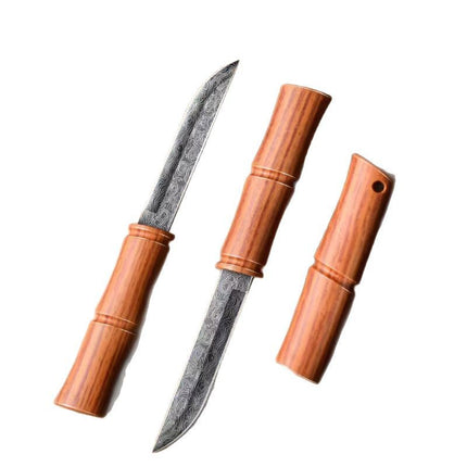 Red Bamboo Knife Bamboo Fruit Knife Portable Outdoor Camping Handle Meat Knife Kitchen Stainless Steel Peel Knife with Sheath