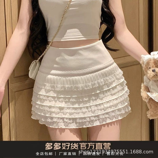 Korean Style High-Waisted Pencil Skirt, Sweet and Spicy Lace Short Skirt for Women, New White Pleated Pencil Skirt, Preppy Style
