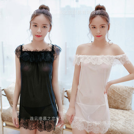 Sexy Pajamas Lace Eyelashes Perspective Sex Nightgown Bed Couples Flirting Uniform plus size off-shoulder Sex Clothes
