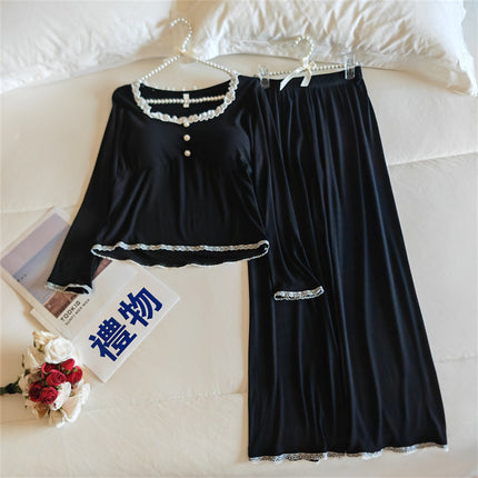 Women's Pajamas with Chest Pad Spring 2025 New Long Sleeve French Style Sexy Lace Modal Cotton Home Clothes suit