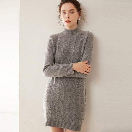 Fashionable New Style Half-High Collar Cable-Knit Cashmere Dress for Women, Plus Size, Autumn and Winter New Mid-Length Sweater Dress