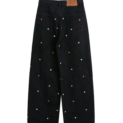 Youthful Campus Style Starry Sky Embroidered Urban Vibe Women's Loose Drape Slimming Straight-Leg Floor-Length Jeans