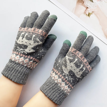 Women's Winter Gloves, Cute, Thickeneded, Cold-Proof, Student Warm Knitted Wool, Cartoon Deer, Five-Finger Touch Screen, Windproof and Split-Fingered
