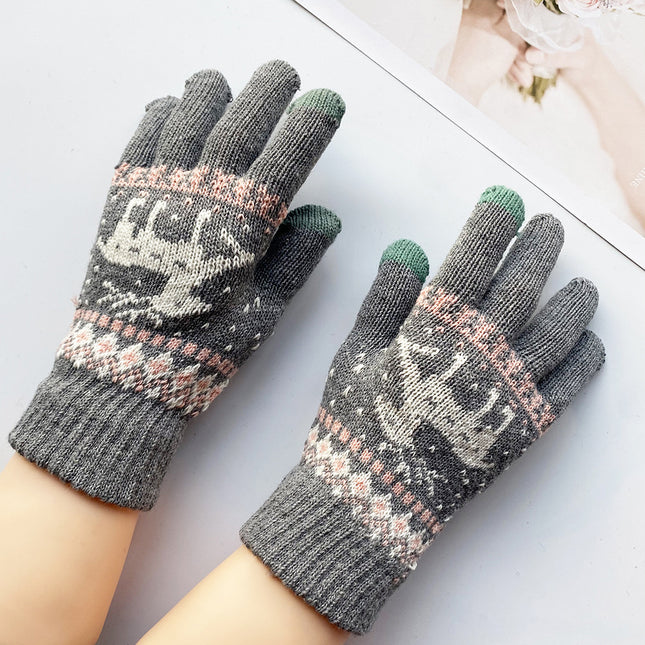 Women's Winter Gloves, Cute, Thickeneded, Cold-Proof, Student Warm Knitted Wool, Cartoon Deer, Five-Finger Touch Screen, Windproof and Split-Fingered