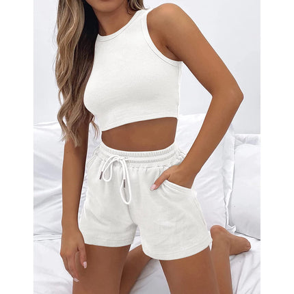 2026 Cross-Border Summer New Style Sleeveless Waffle Set Solid Color Vest Top Tie-Up Shorts Casual Two-Piece Set