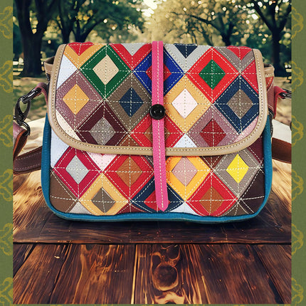 European and American Fashion Women's Bags, New Style Cowhide Women's Bags, Colorful Rhombus Stitching Genuine Leather Shoulder Crossbody Bag, Casual and Versatile
