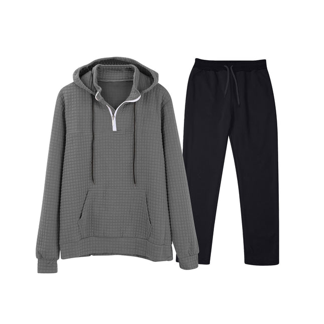 European and American Cross-Border Long-Sleeved Waffle Top Aliexpress Solid Color Drawstring Pocket Hoodie Sweatshirt and Sweatpants Set