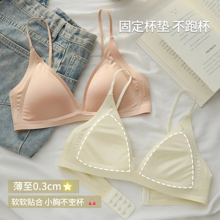 French Triangle Cup Spaghetti Strap Underwear Women's Summer Thin Seamless Liquid Foundation Skin Color Invisible Small Breast Summer Bra