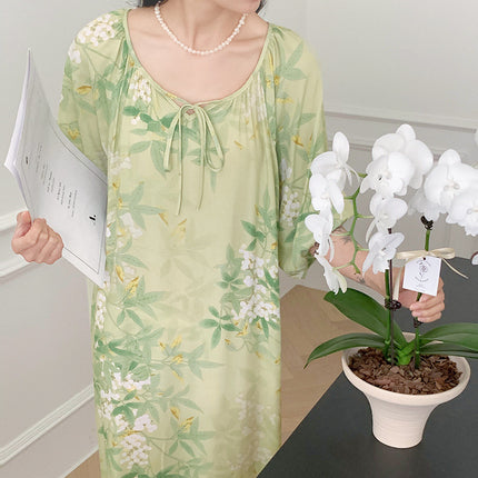 Mishiti Cotton Silk New Chinese Style Short-Sleeved Nightgown for Women, Summer Thin Style, National Style Cotton Silk Home Wear, Can Be Worn Outside