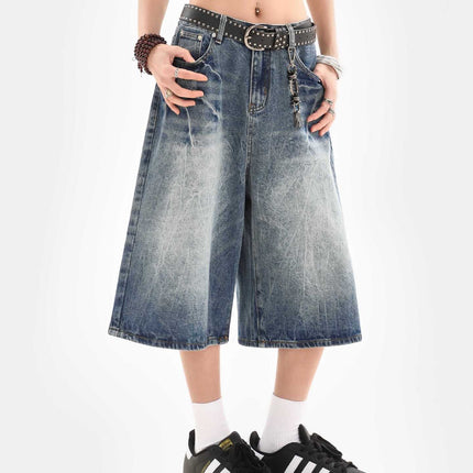American-Style Ice Blue Lightning Crackle Denim Shorts for Women, New Summer Loose Trendy Brand Straight Cropped Casual Pants