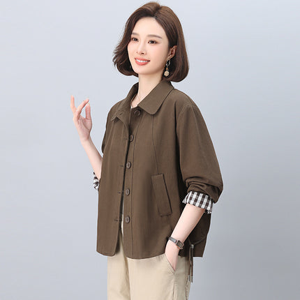Middle-aged mother pure cotton windbreaker coat women's short 2025 spring and autumn new short loose plus size jacket top