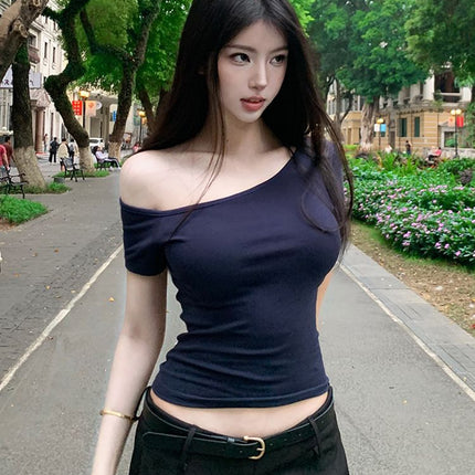 Pure Desire Off-Shoulder Short Sleeve T-Shirt for Women, Summer Short Crop Top, Slim Fit, Stretchy, Versatile