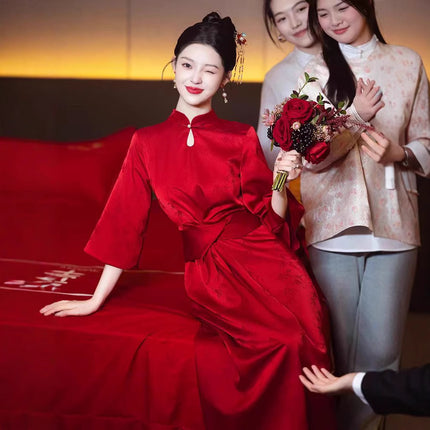 New Chinese Cheongsam Toast Dress Bride Red Engagement Dress Wedding Women's Door-Back Dress Tight Waist Slimming dress
