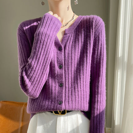 Korean-style Round V-neck Pit-strip Cardigan Women's Knitted Sweater Top Long-sleeved Solid Color Jacket Spring/Autumn/Winter Women's Knitted Jacket