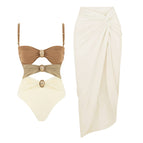 Brown color block swimsuit beige pleated skirt suit / S