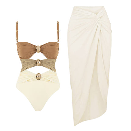 2024 European and American Amazon Aliexpress One-piece Swimsuit Gold Button Color Matching Three-color Sexy Swimsuit Suit for Women