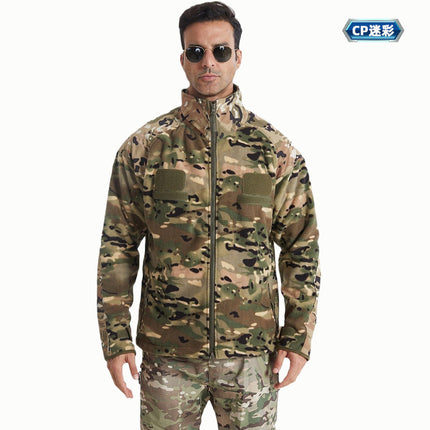 Autumn and Winter Camouflage Outdoor Men's Stand-Collar Fleece Jacket with Magic Chest Patch, Tactical Outdoor Sports Thickened Warm Clothing
