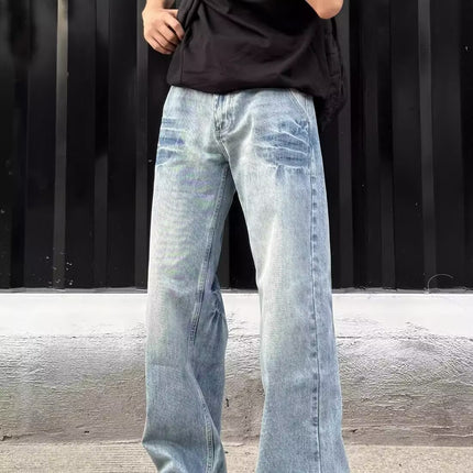 American Retro Crackle Design Washed Light Blue Jeans Men's Casual Loose Versatile Stylish Straight Pants