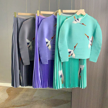 Fashionable casual pleated suit high-grade crane printed high waist skirt long sleeve top two-piece suit women's all-match