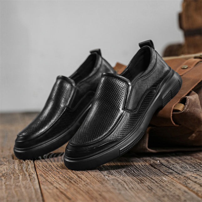 Leather Shoes Men's Summer Business Casual Work Shoes Cut Out Breathable Perforated Soft Leather All Black Pure Cowhide Men's Shoes