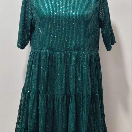 Cross-Border European and American Style Glitter Sequin Half-Sleeved Round Neck Ruffled Loose Short-Sleeved Dress Banquet Dress 10 Colors