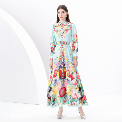 2025 early spring-palace style painted lapel single door lapel lantern sleeve retro printed dress