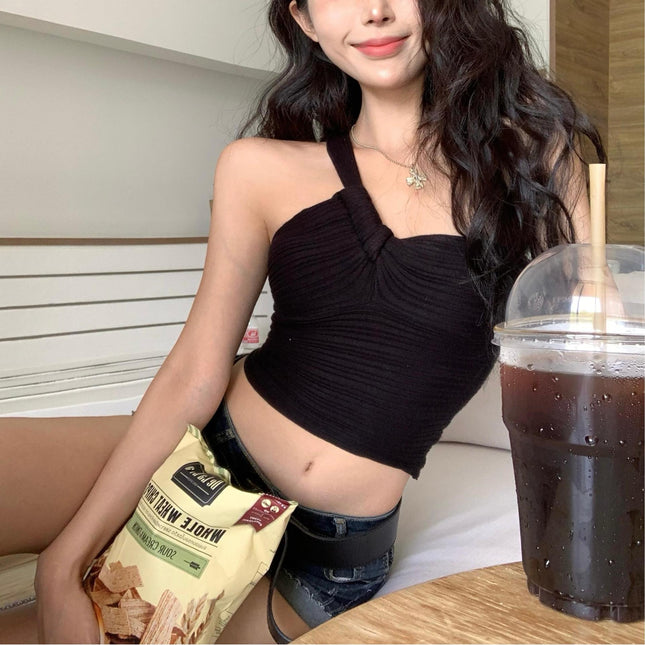 2025 New Summer Style Twist Design Sexy Hottie Style Vest Women's Off-Shoulder Slim Short Knitted Sleeveless Top