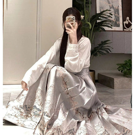 New Chinese Style National Style suit Spring Dress with a Set of Fashionable Western Style Shirt Hanfu Improved Horse-faced Skirt Two-piece Set