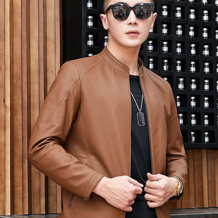 Haining Leather Jacket Spring and Autumn New Thin Genuine Leather Jacket for Middle-aged Men's Mat-gloss Style Collar Casual Leather Jacket