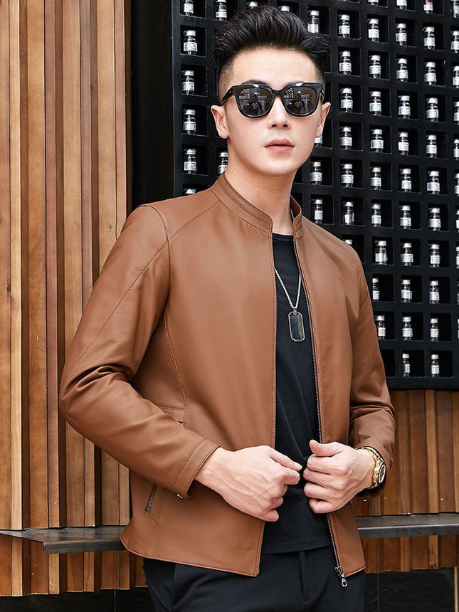 Haining Leather Jacket Spring and Autumn New Thin Genuine Leather Jacket for Middle-aged Men's Mat-gloss Style Collar Casual Leather Jacket
