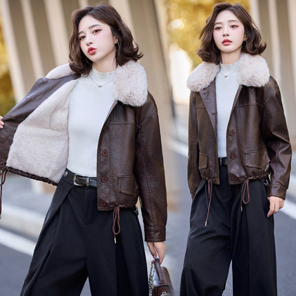 Fur Collar Leather Jacket Autumn and Winter fleece-lined Thickened 2024 Winter New Short PU Leather Motorcycle Jacket Top