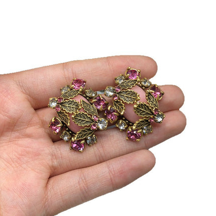 Retro Style Versatile Earrings Ring Leaf Design Copper Material Diamond Pink Crystal Topaz Old Gold Ring Set Jewelry