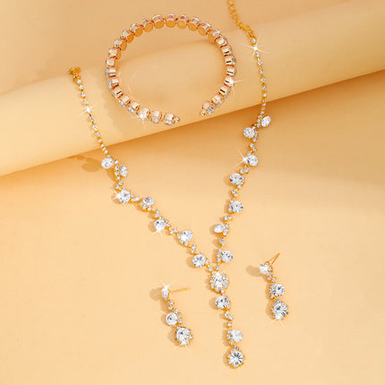 Explosive Jewelry Flash Diamond Inlaid with Full Diamond Women's Wedding Accessories Necklace Earrings Bracelet Three-piece Bridal suit